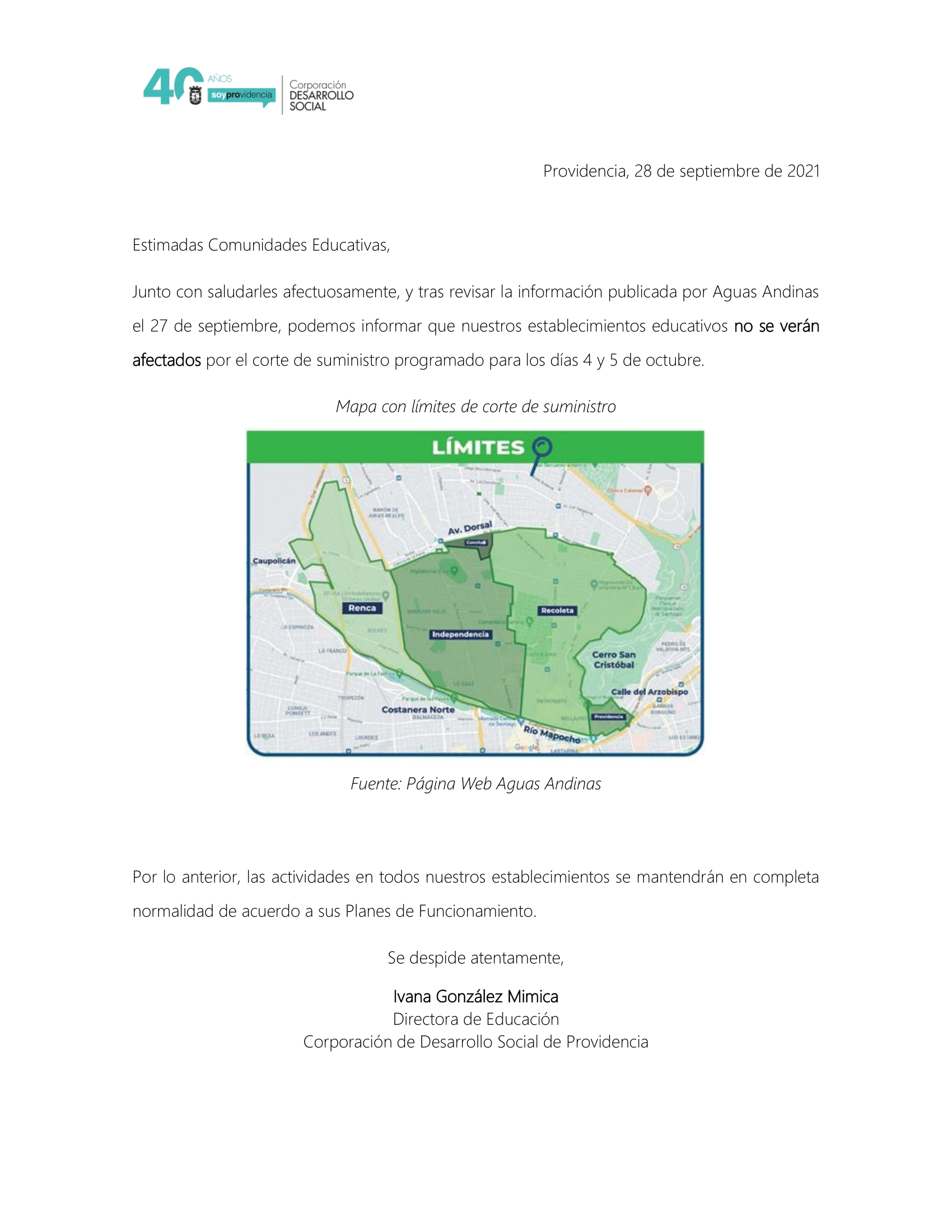 COMUNICADO CORTE DE SUMINISTRO 4 Y 5 DE OCTUBRE 1